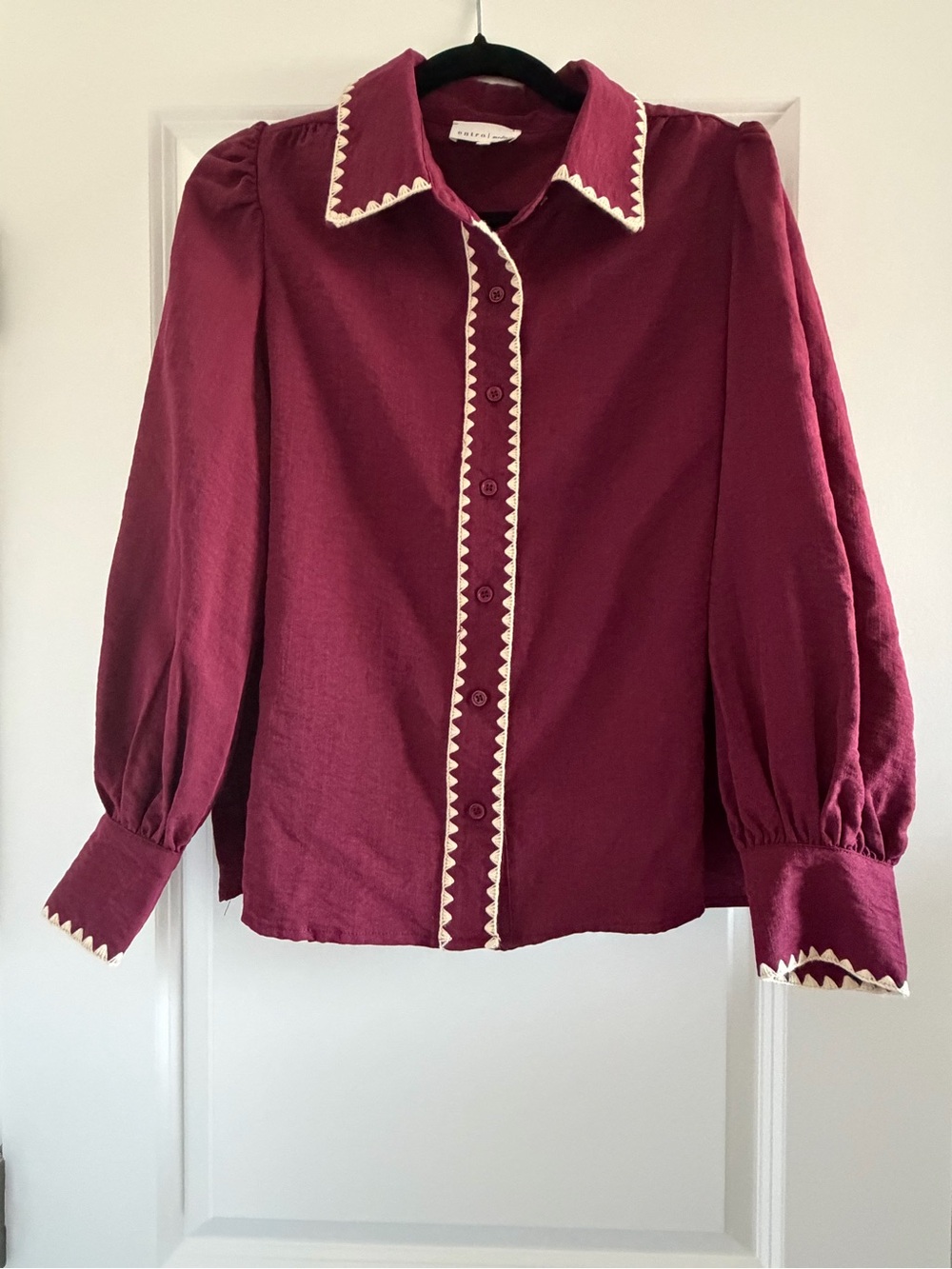 Entro Burgundy Blanket Stitch Puff Sleeve Button Down Blouse - Medium